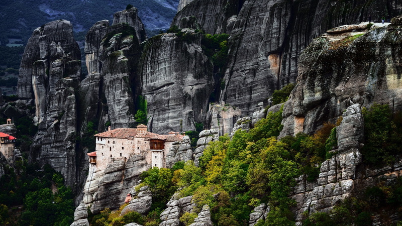 Mountains, House, Trees, 1080P, Greece, Rocks, Meteora