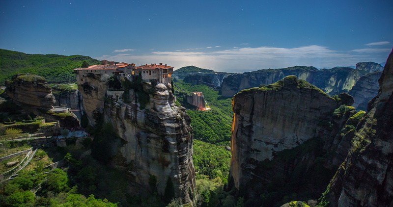 Meteora, forest, landscape, nature, house, trees, 4K, sky, Greece, photography