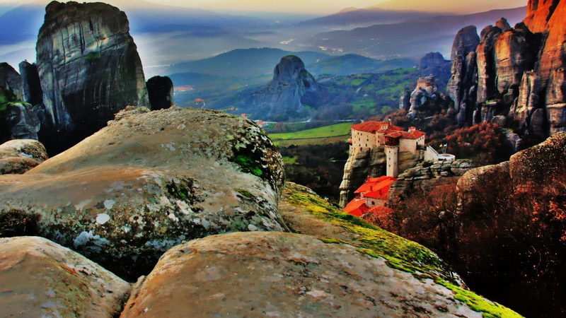 valley, nature and landscapes, red, concrete, wondrous, house, hdr, greece, white, rocks, meteora, 1080P, monastery, cliffs, mountain