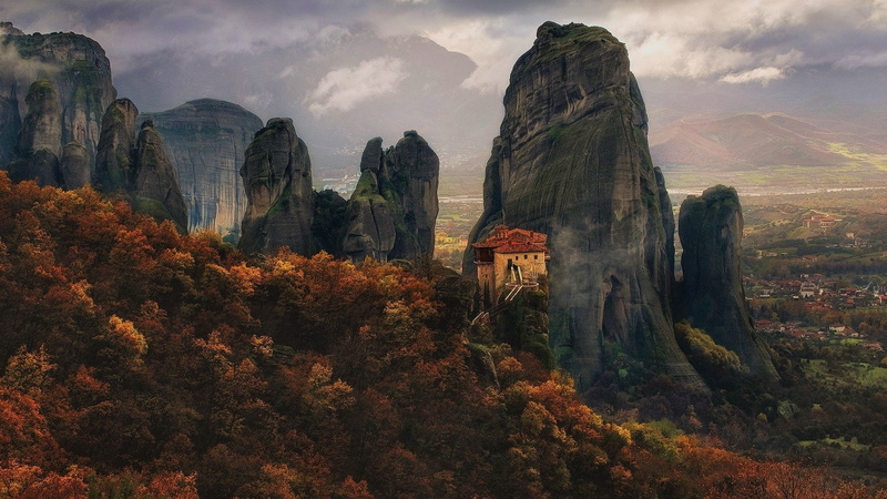 Meteora, Mountain, Forest, 1080P, Religious, Fall, Rock, Cliff, Greece