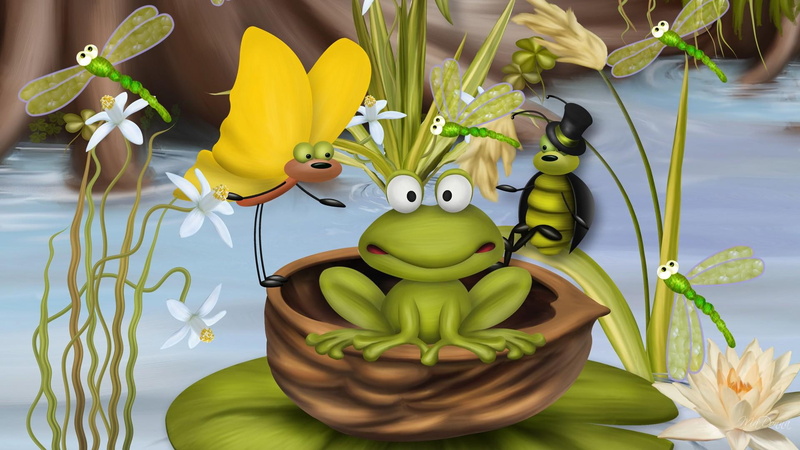 summer, bug, 1080P, spring, animals, pond, lily, frog, grass, butterfly, whimsical, dragonfly