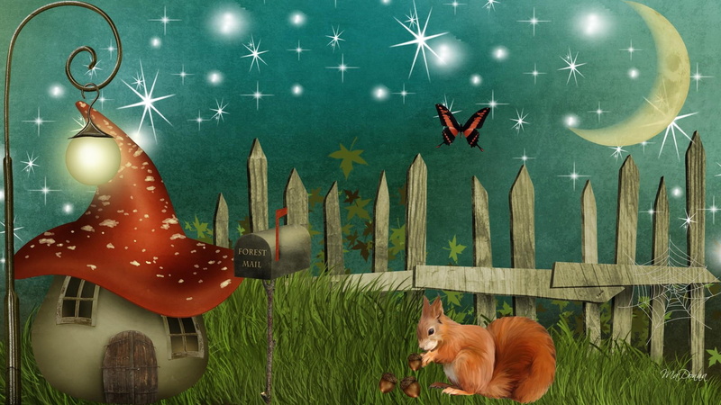 whimsical, wonderl, crescent moon, fantasy, valley, butterfly, night sky, 1080P, fence, house, firefox persona, squirrel