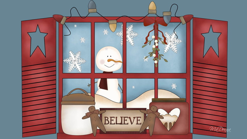 christmas, whimsical, country, snowman, 3d and abstract, 1080P, winter, gingerbrad cookies, lights, snow, window