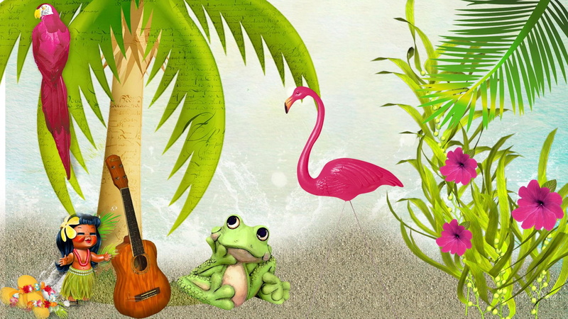 vacation, coconut, flowers, 1080P, frog, cute, palm trees, painting, acoustic, green, froggy, tropics, whimsical, tree, beach, guitar, brown, pink flamingo