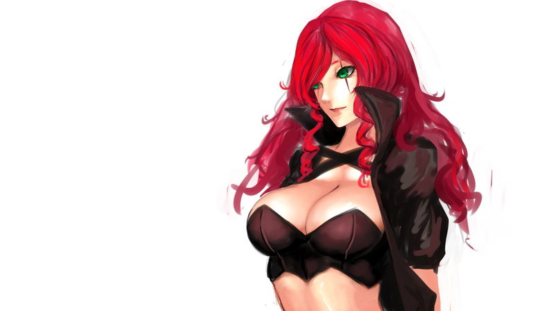1080P, legends, red, white, character, hd, haired, video games, drawing, katarina, anime, league, woman, redhead, cleavage