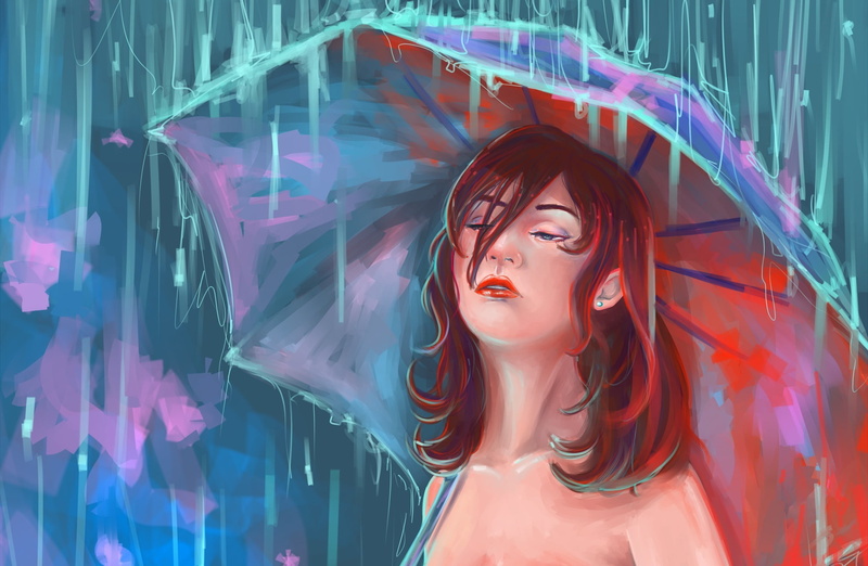 painting, rain, px, bleach, girl, fantasy, umbrella, mood, anime, hd, 1080P, 2000x1304 px, redhead, x, art