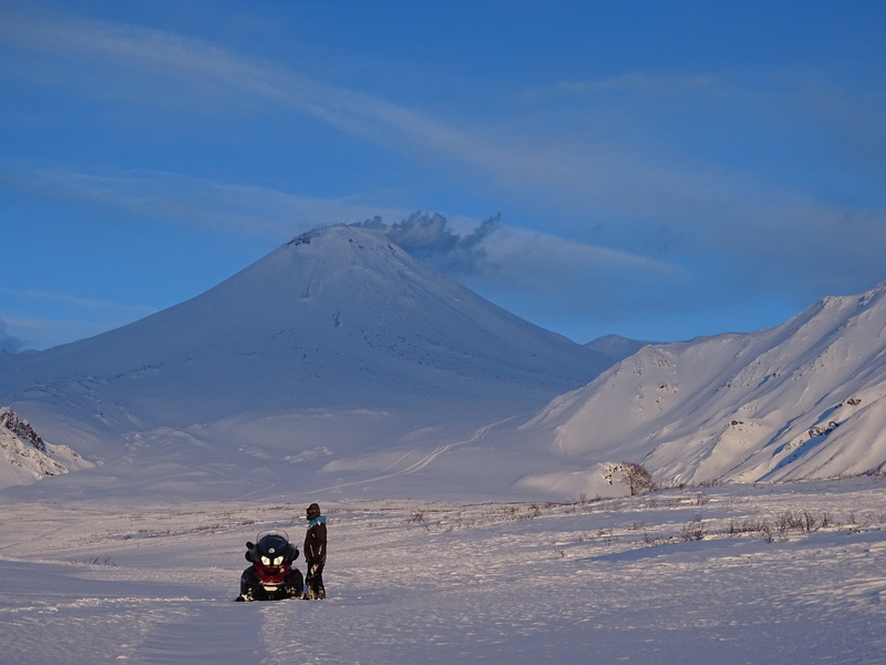 rocks, volcano, sky, tranquility, height, 2K, cold temperature, tranquil scene, sunset, slopes, snowdrifts, mountain range, snowmobile, two people, outdoors