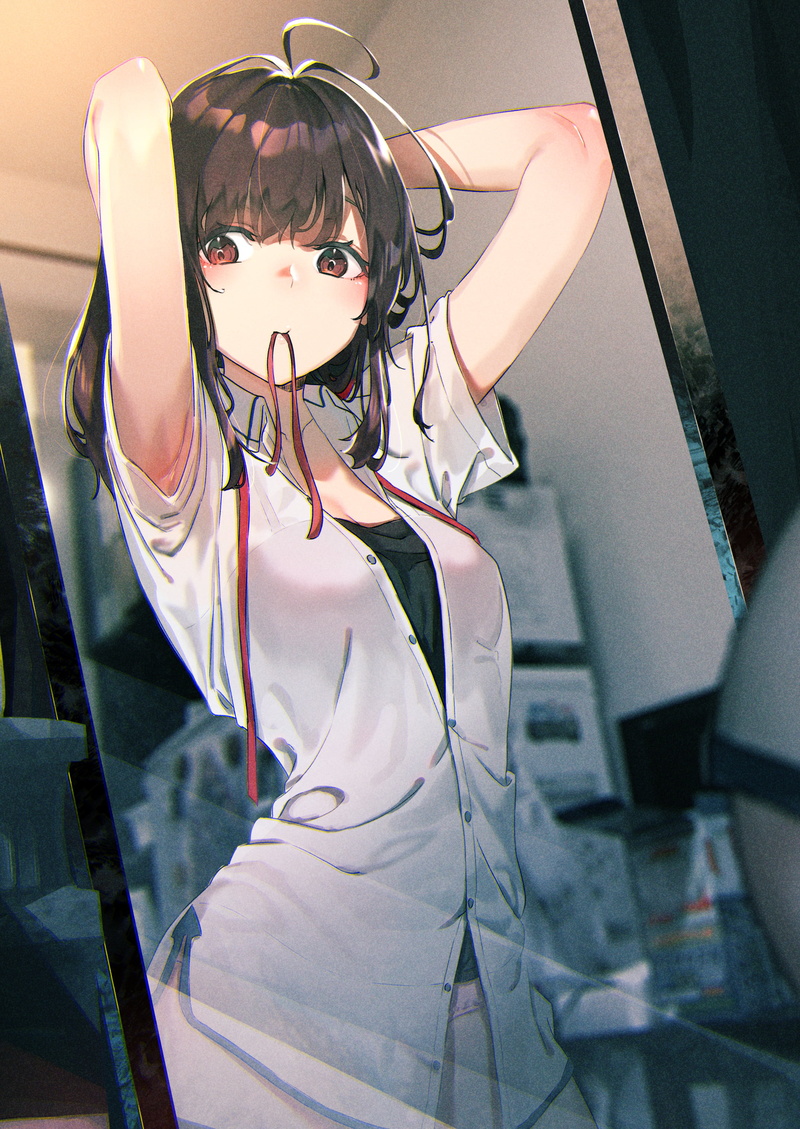 ribbon, Rolua Noa, brunette, bangs, drawing, mirror, anime girls, shirt, hands on head, original characters, artwork, illustration, 2D, anime, reflection