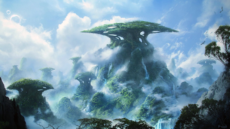 Luka Mivsek, fantasy art, trees, digital art, clouds, forest, waterfall, landscape, artwork, 1080P