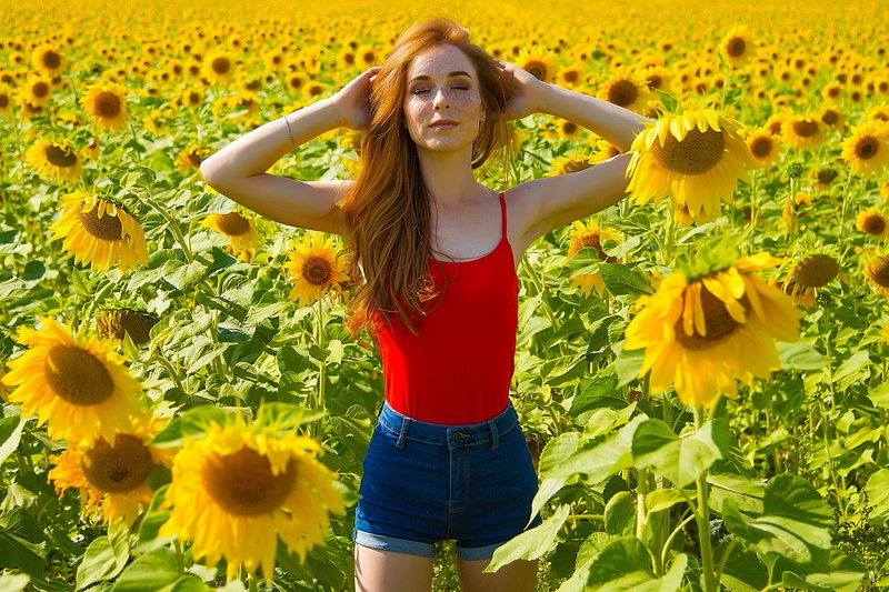 young women, hair, yellow, beautiful woman, adult, front view, outdoors, portrait, beauty, hairstyle, brown hair, sunflowers, jean shorts, leisure activity