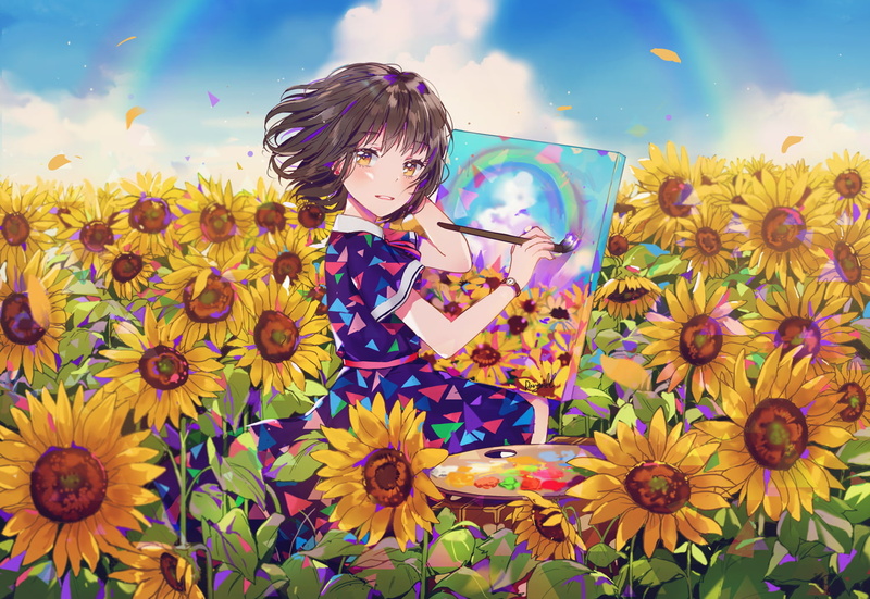 lifestyles, nature, Anime, leisure activity, sunflower, flowering plant, 720P, childhood, multi colored, dress, females, child, painting, field, vulnerability
