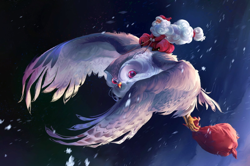 Christmas, Santa Claus, snow, fantasy, Thomas Chamberlain - Keen, artwork, owl, bag, 1080P, flying, winter, digital art, artist