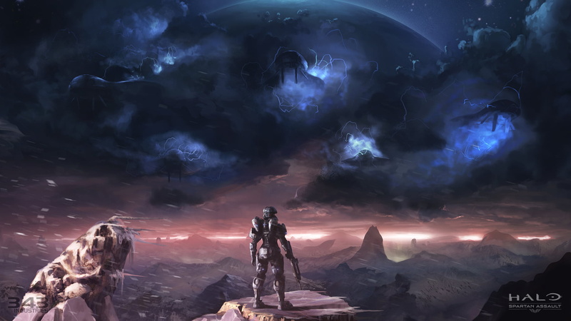 assault rifle, Covenant, spaceship, video game art, landscape, clouds, 1080P, science fiction, Spartans (Halo), Halo, video games, Halo: Spartan Assault