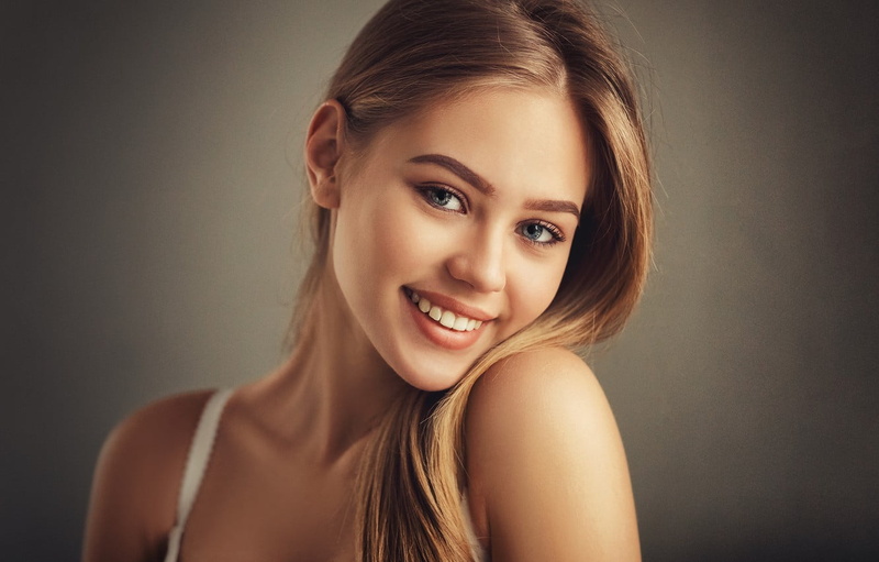 blue eyes, face, portrait, long hair, 720P, simple background, smiling, women, Nick Konar, blonde, model, bare shoulders, Sonya, closeup, open mouth, straight