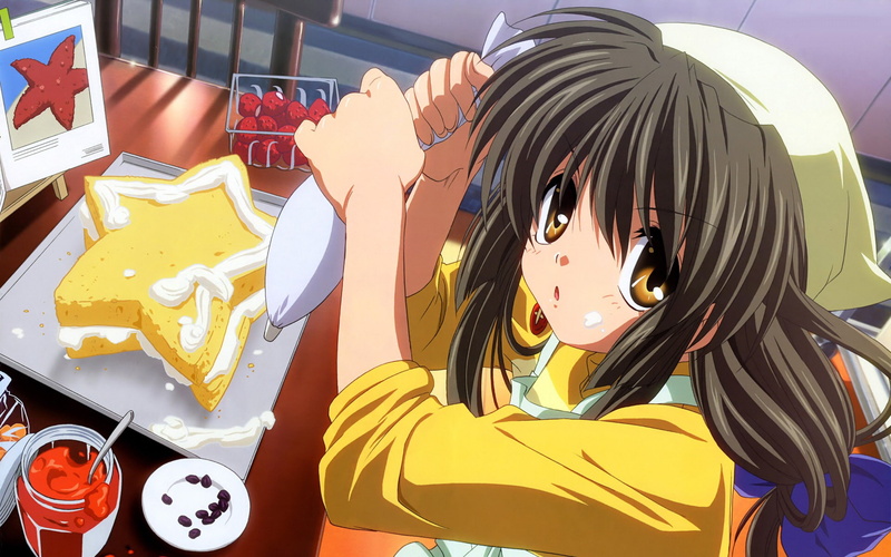 anime girls, orange eyes, Clannad, 1080P, cake, Ibuki Fuko, brunette
