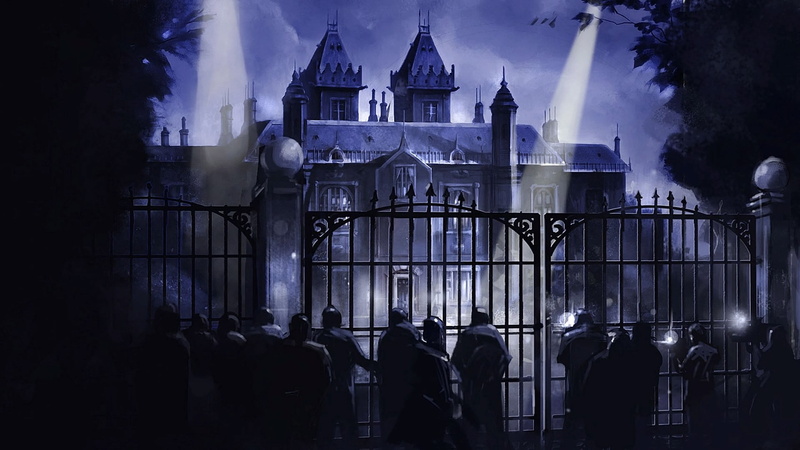 building, place of worship, illuminated, travel destinations, night, batman arkham vr, people, law, real people, men, group of people, crowd, 1080P, architecture