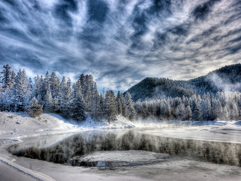 winter, Clouds, art, hd, Brett Deacon, nature, Landscape, Deacon, ice, 480P, river, mountains, brett, snake, frozen