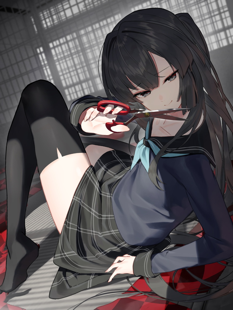 Sco_ttie, vertical, anime, sailor uniform, 2K, scissors, original characters, anime girls