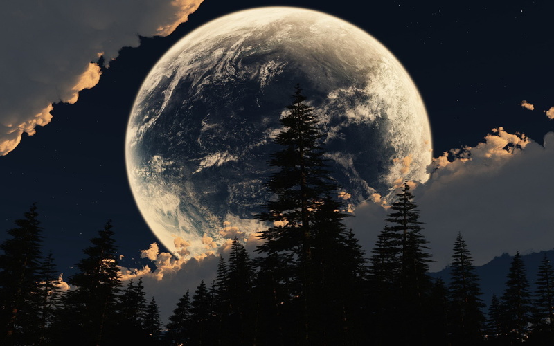sci fi, surreal, 1080P, manipulations, lights, skies, night, forest, trees, planets, clouds, scenic, moon, space, digital art