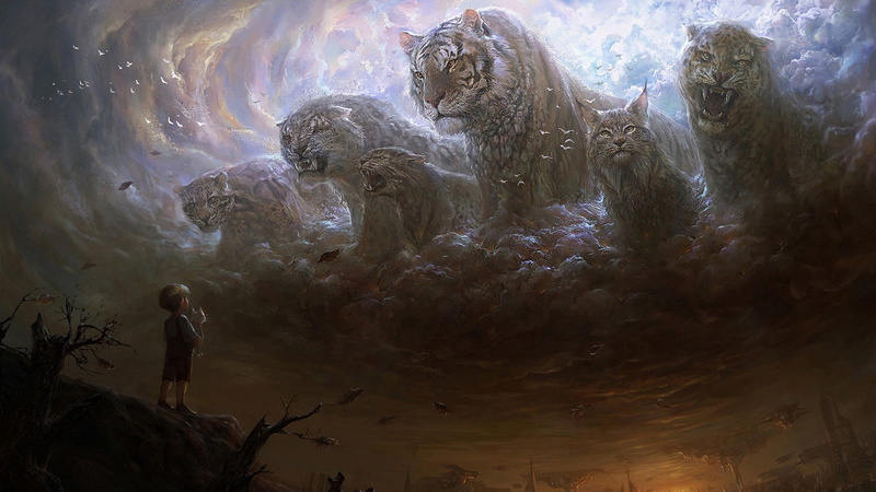 1080P, fantasy art, clouds, cat, futuristic, digital art, tiger, children, artwork