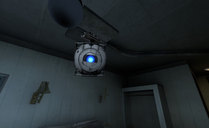 portal 2, hanging, no people, projector, building, architecture, wall - building feature, Games, built structure, illuminated, Portal, gray, night, light