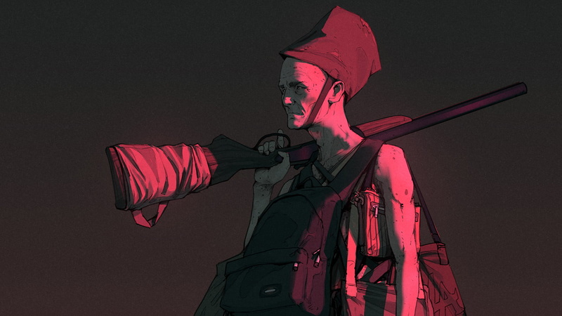 concept art, simple background, gun, men, backpack, Wouter Gort, 720P, digital art, artwork