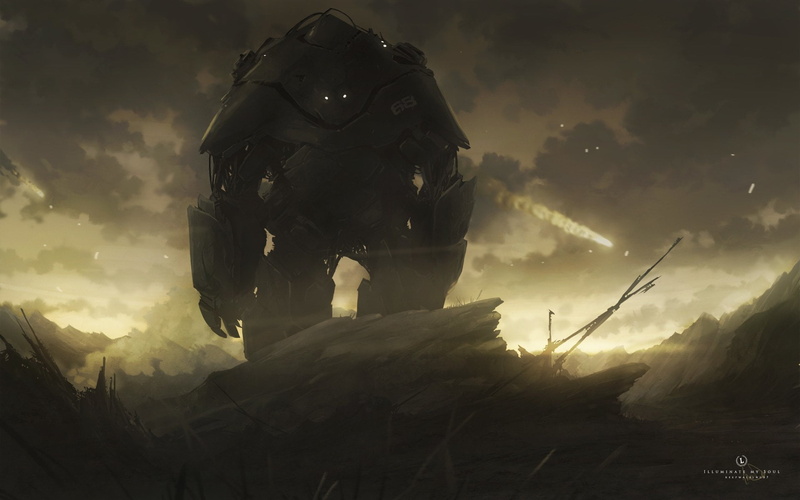 sunlight, oPS, mountain range, sky, illustration, Robot, smoke - Physical Structure, military, army Soldier, gun, black, danger, scenics - nature, army