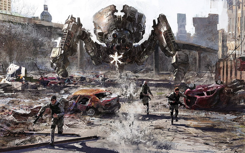 belief, men, war, destruction, group of people, robot, 720P, religion, transportation, building, outdoors, mech, human representation, concept art, brown