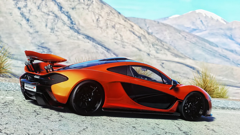 transportation, stationary, land vehicle, focus on foreground, mountain range, car, McLaren P1, snow, mode of transportation, yellow, 1080P, motor vehicle