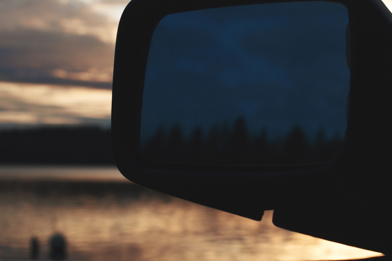 transportation, scenics - nature, sky, water, no people, side-view mirror, reflection, sunset, land vehicle, orange color, focus on foreground, mirror