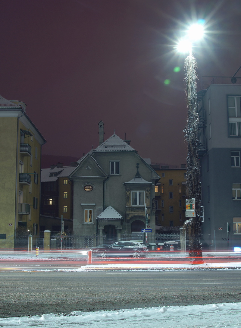 street, night, innsbruck, winter, snow, illuminated, sky, blurred motion, motion, sony, mountain, house, nature, residential district, car, lighting equipment