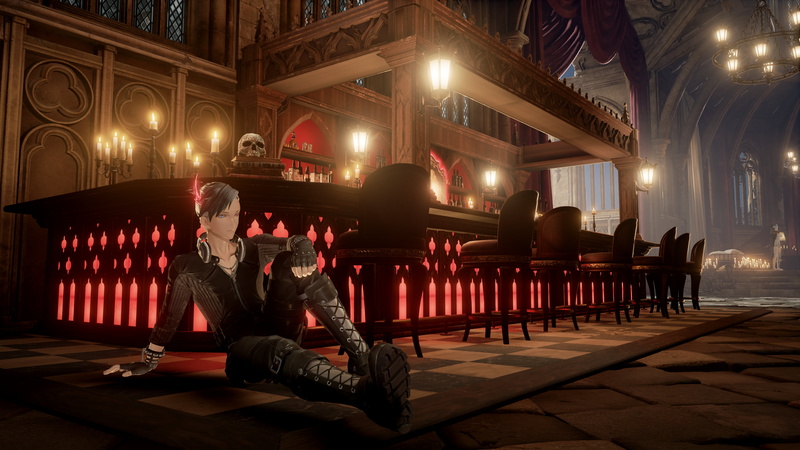 4K, hair, red, chair, Chara, heterochromia, relaxation, Wood Flooring, skull, blue, black, Code Vein, fingerless gloves, relaxing, colorful, crimson, custom