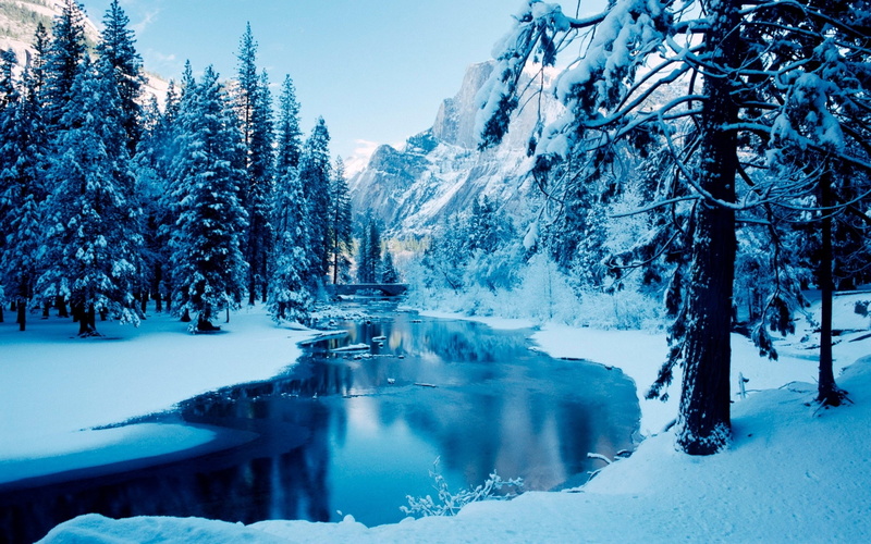 sky, snow, 2K, trees, cyan, winter, nature, river, lake, blue, mountains