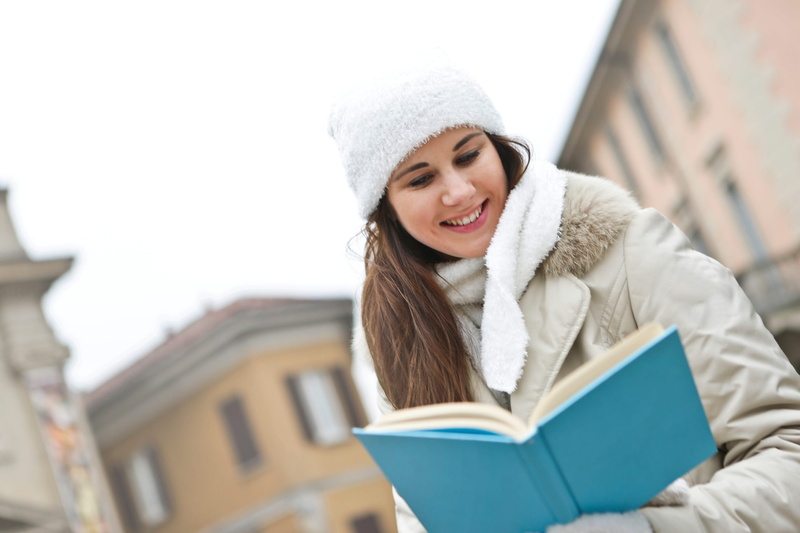 outdoors, season, weather, caucasian, reading, causasian, hairstyle, happy, clothing, person, hat, women, knowledge, relaxation, light, publication, cheerful