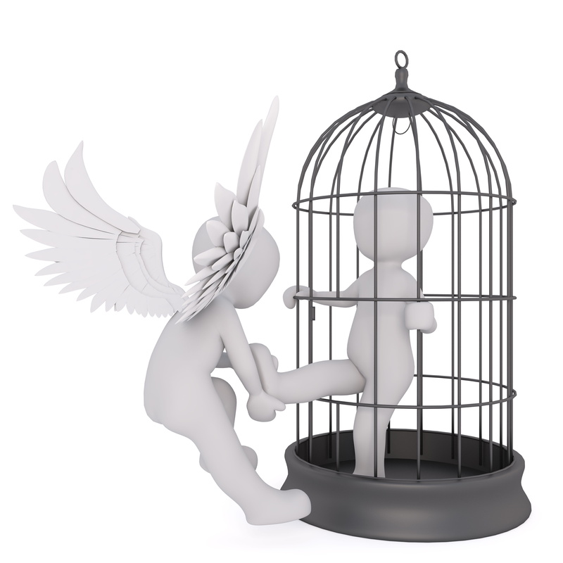 indoors, pulling, 3d man, full body, white background, representation, right, angel, leg, bird cage, 3D Model, 8K, illustration, human representation