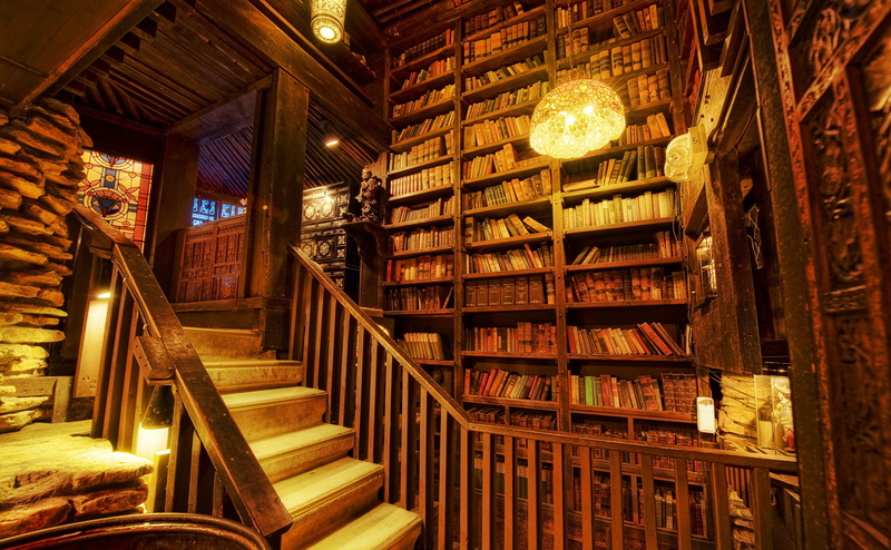 chandelier, staircase, book, House on the Rock, house, indoors, lighting equipment, ceiling, publication, brown, Library, architecture, wood - material