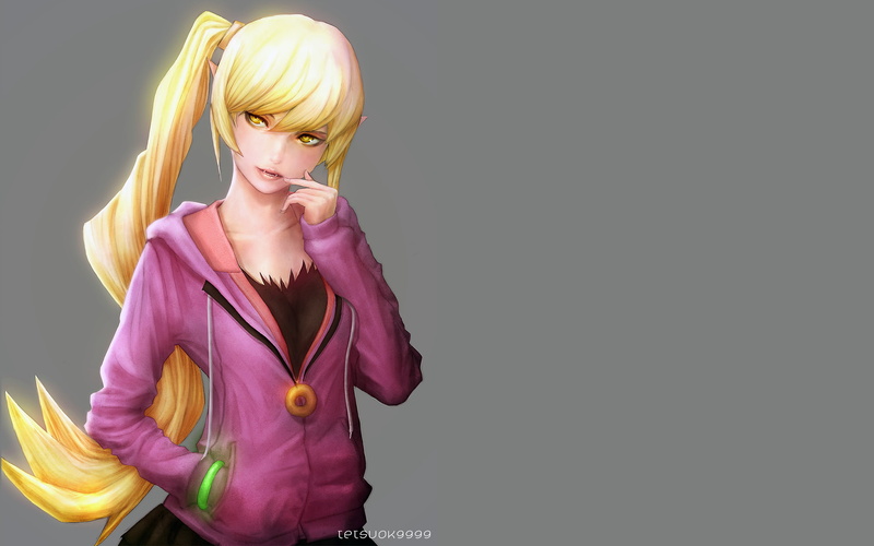 blond hair, women, one person, 1080P, females, beautiful woman, black background, anime girls, indoors, young women, young adult, anime, Monogatari Series