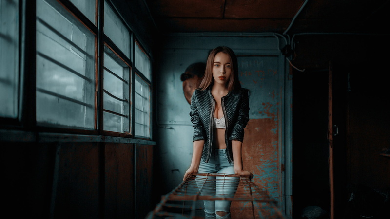 face, red lipstick, looking at camera, leather jackets, straight hair, Andrey Metelkov, lips, 1080P, torn jeans, brown hair, cleavage, photographer, torn pants