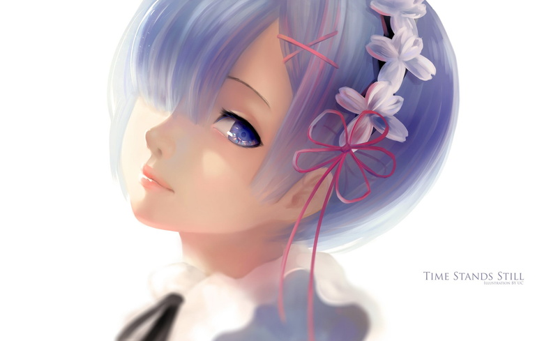 white background, real people, close-up, short hair, headshot, beauty, portrait, Rem (Re: Zero), anime, one person, anime girls, flowering plant, beautiful woman