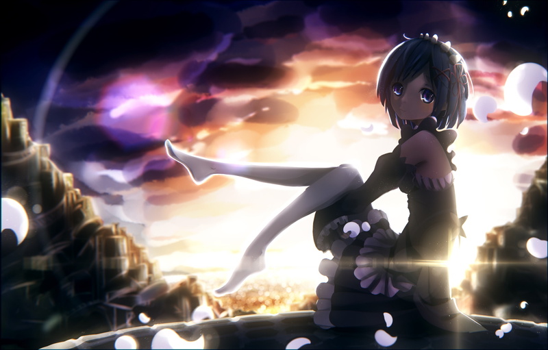Rem (Re: Zero), sky, leisure activity, anime, digital composite, blue hair, illuminated, 2K, Re:Zero Kara Hajimeru Isekai Seikatsu, real people, purple eyes