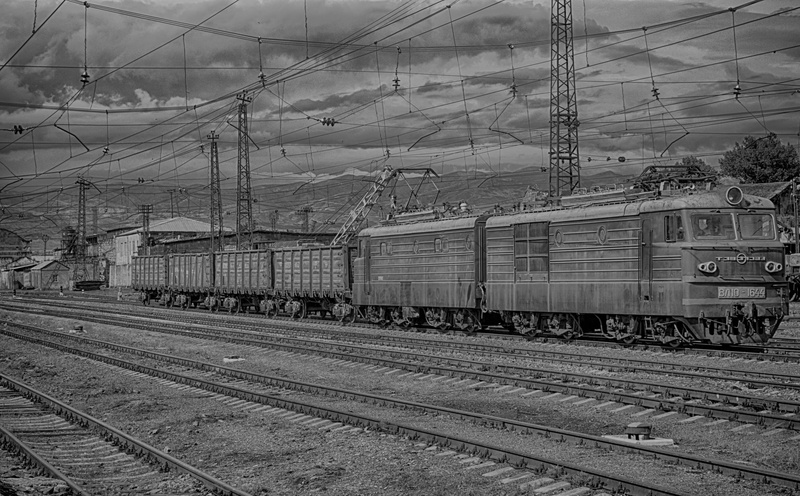 outdoors, land vehicle, rail transportation, electricity, power line, hdr photo, train, Black and White, day, technology, mode of transportation, clouds