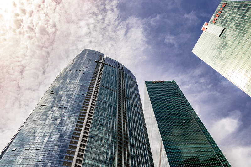modern, financial district, high rise, electrical device, curtain, built structure, city, sky, coupe, angle, condo, steeple, glass - material, office building exterior