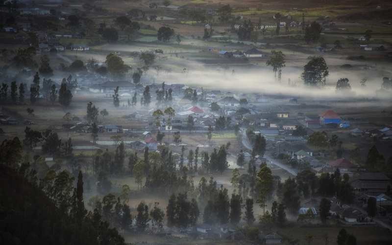 valley, leafed, day, high angle view, town, city, 1080P, built structure, environment, pine, architecture, landscape, village, water, hazy, morning, tree