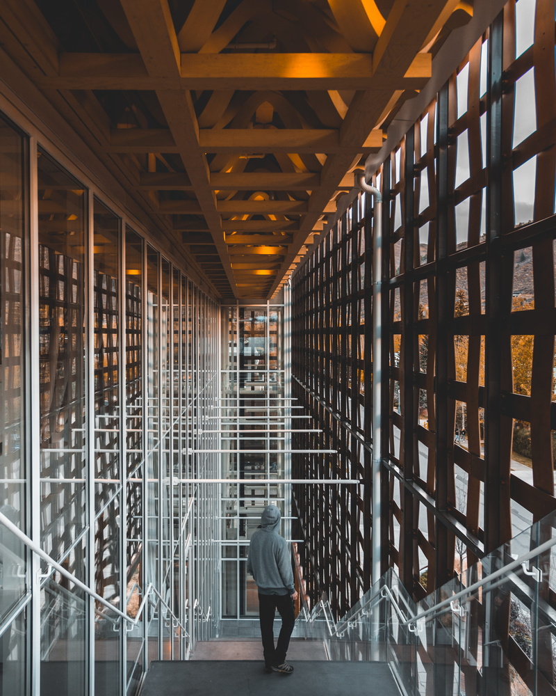 rear view, railing, building, banister, man, shoe, lighting, built structure, person, clothing, corridor, walking, day, gray, architecture, 4K, human