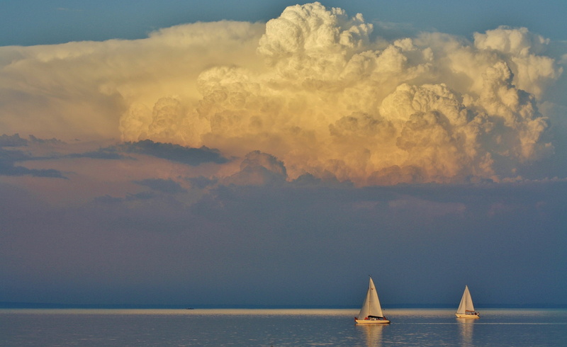 sea, ominous, sunset, sailboat, environment, dramatic sky, horizon, cumulus, scenics - nature, sailing, lake balaton, body, beauty in nature, transportation