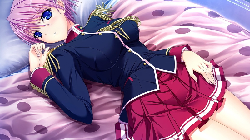technology, 1080P, anime girls, indoors, Walkure Romanze, blue eyes, textile, bed, short hair, pattern, day, purple, close-up, still life, anime, multi colored
