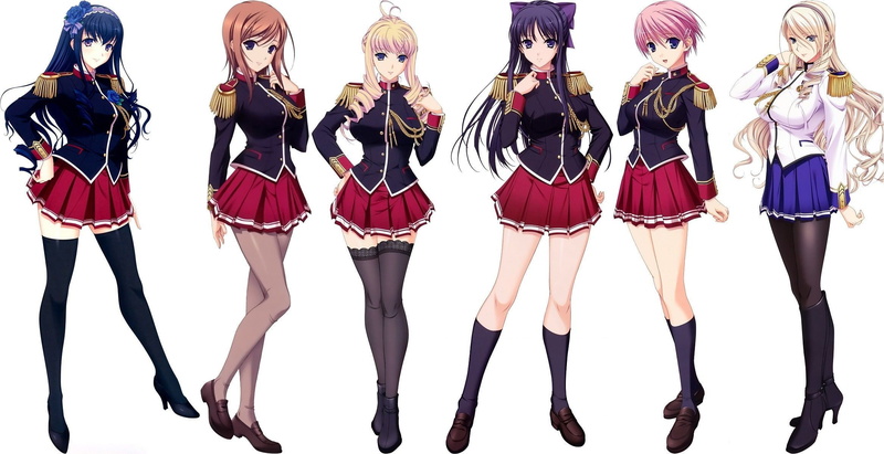 full length, walkure romanze, beauty, young women, studio shot, anime, hand on hip, character, side by side, teenager, female, adult, people, Schoolgirls