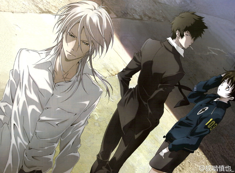 suit, makishima, 1080P, hair, scan, cigarette, psycho pass, white, shougo, tsunemori, black, shinya, kougami, akane, brown, tie