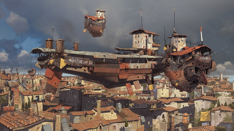 ships, 1080P, cities, steampunk, mechanical, boats