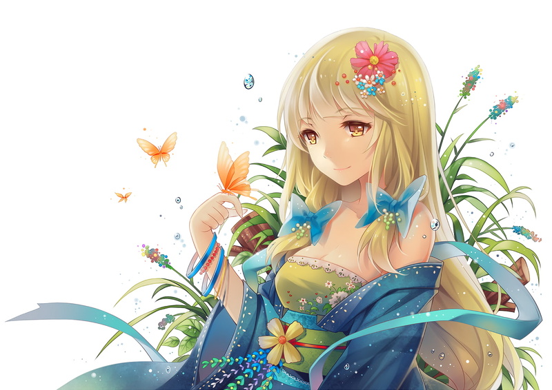 yellow eyes, anime girls, butterfly, 720P, blonde, white background